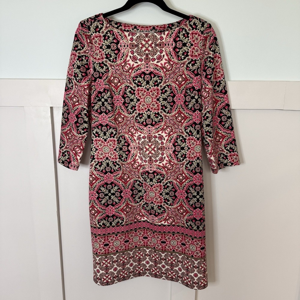 Wisp Geometric Shift Dress Size 4 Pink Colorful 3/4 Sleeve‎ Career Preppy Boho